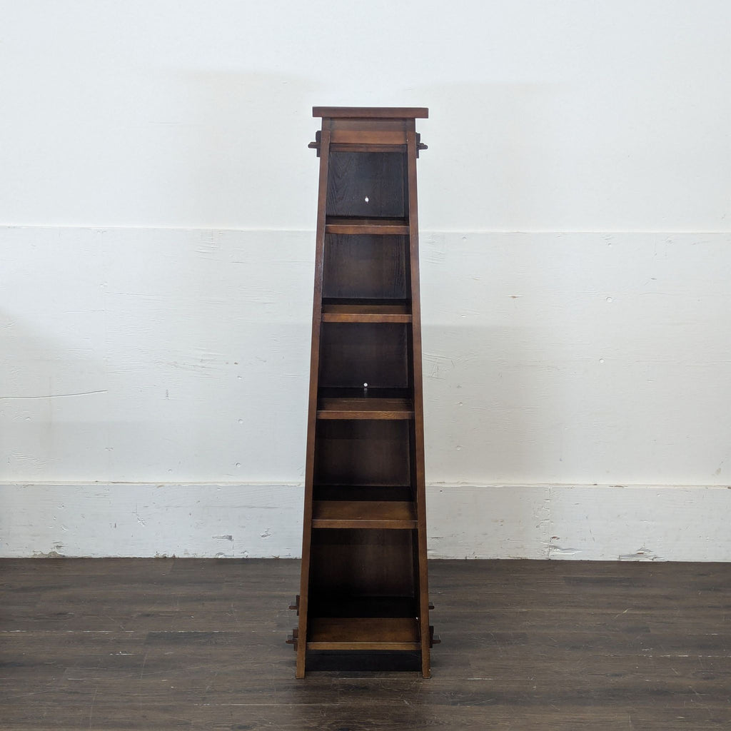 1. Modern wooden bookshelf with five spacious shelves, ideal for contemporary home or office storage.