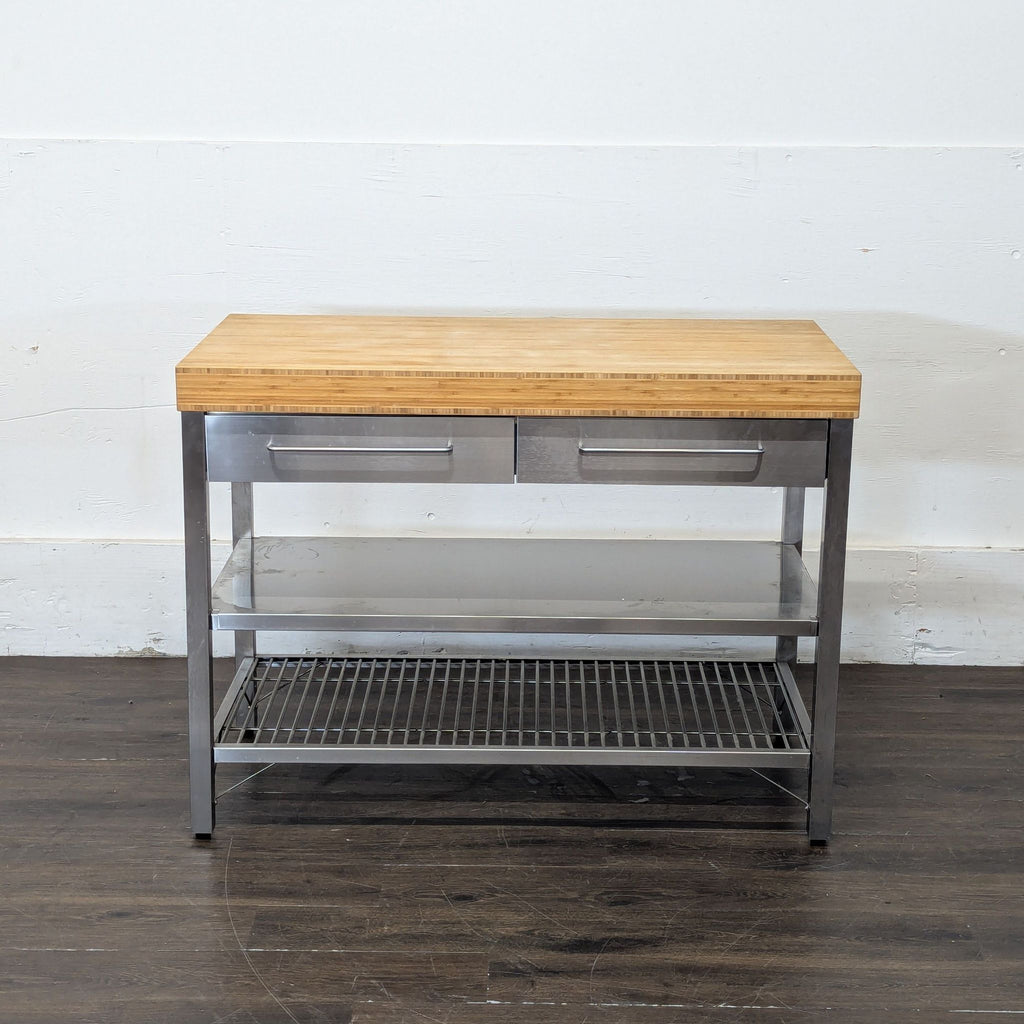 1. Modern Ikea kitchen island with wood countertop and open shelving, suitable for versatile kitchen storage.  