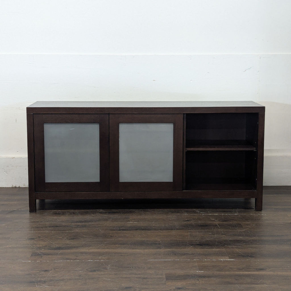 Crate and Barrel side board. Doors slide open to reveal additional shelves.