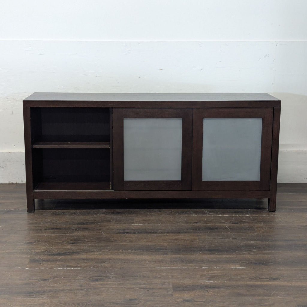 Crate and Barrel side board. Doors slide open to reveal additional shelves.