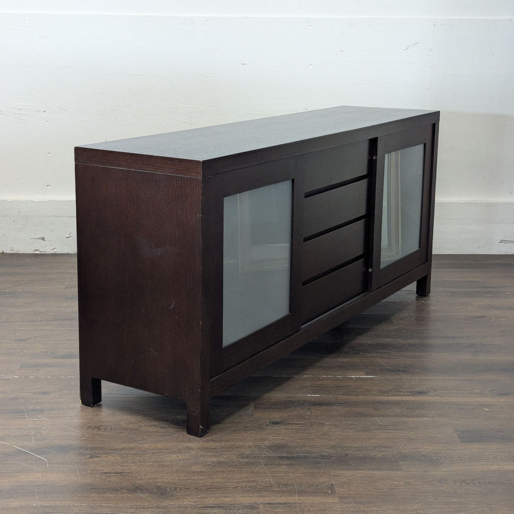 Crate and Barrel side board. Doors slide open to reveal additional shelves.