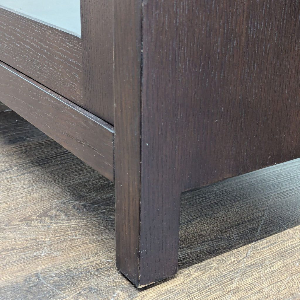 Crate and Barrel side board. Doors slide open to reveal additional shelves.