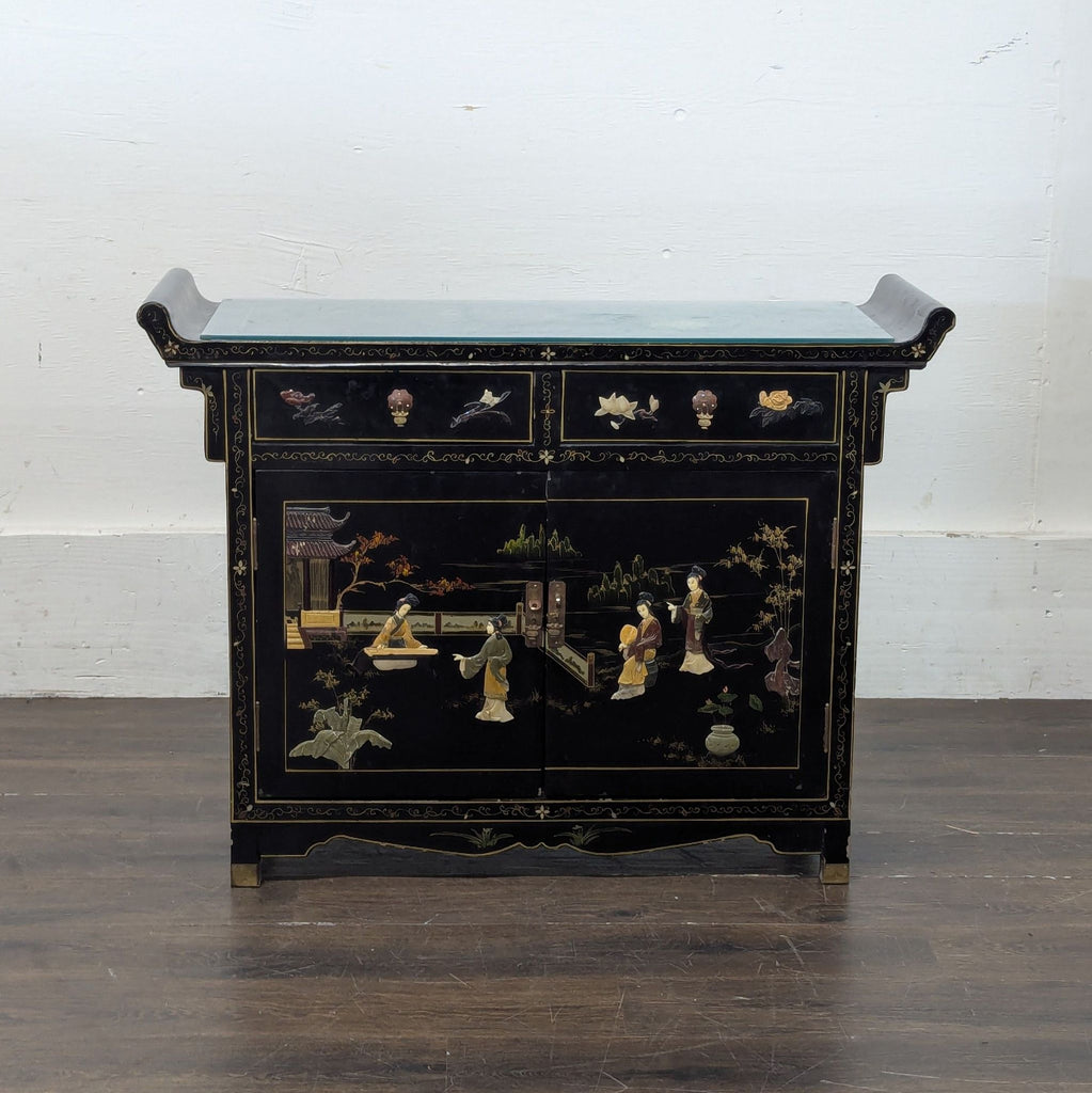 1. Antique Chinese chest-style end table in good condition, featuring traditional wood craftsmanship.  