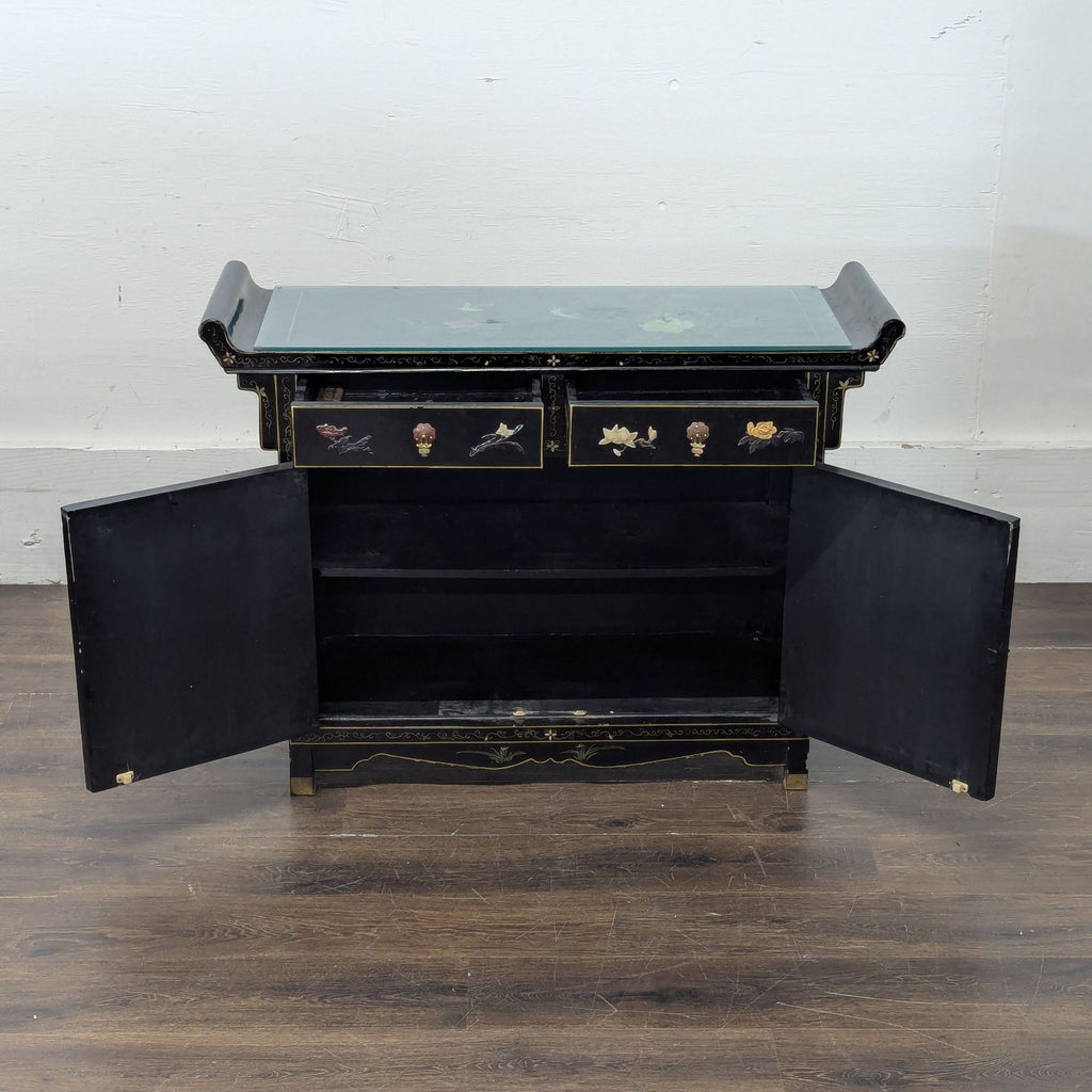 2. Elegant wooden end table from the Chinese chest brand, shown in well-maintained, good condition.  