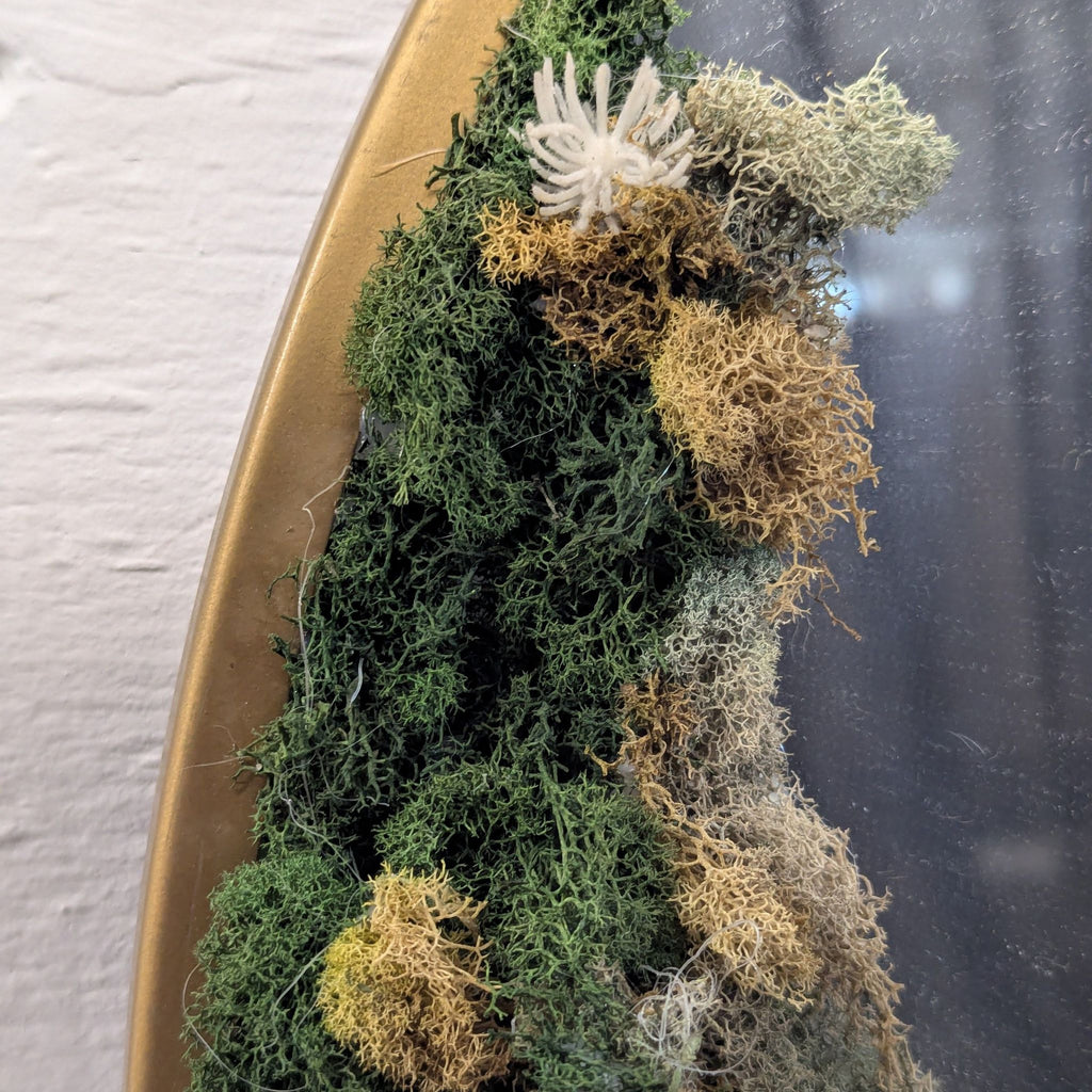 Modern mirror featuring a unique green moss frame, ideal for eco-friendly or bohemian interiors.