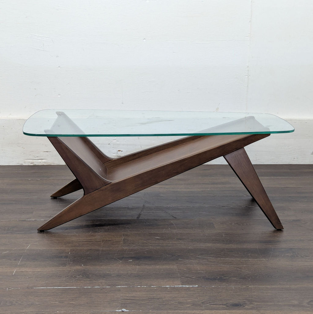 1. Modern rectangular coffee table with a wooden top and metal legs, suitable for living rooms.