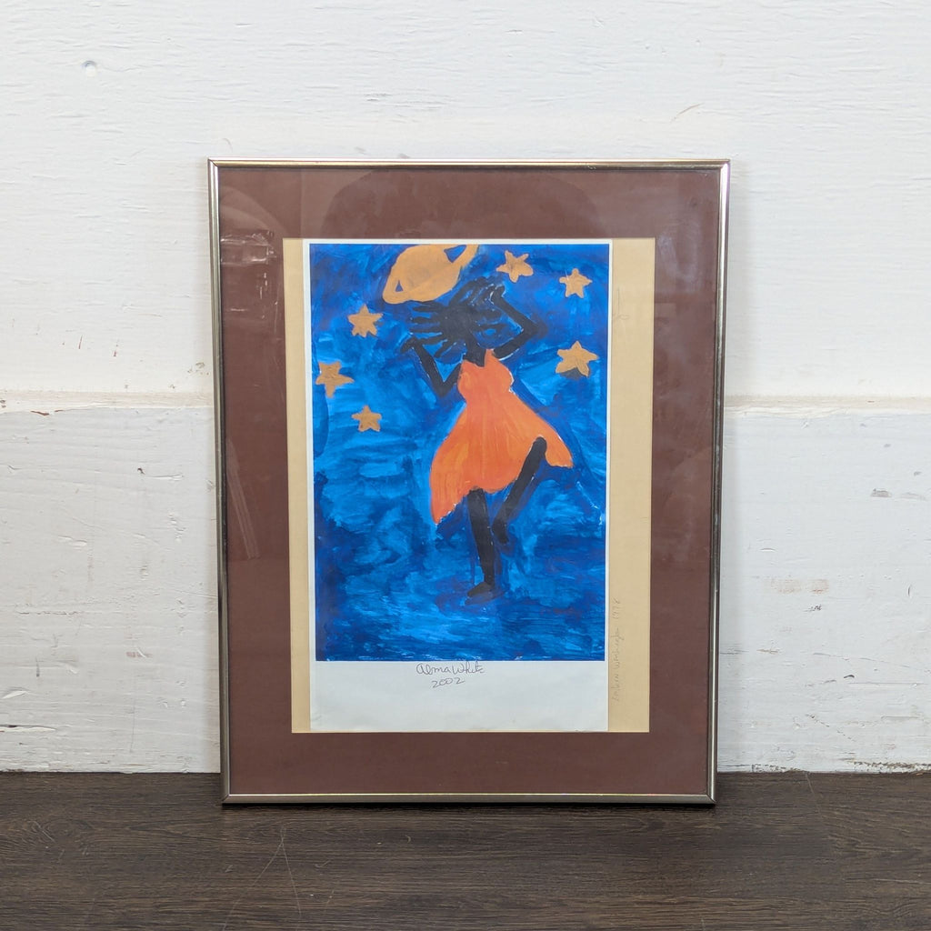 Alma White – Cosmic/Celestial Figure with Stars and Saturn, Signed & Dated 2002

Framed original painting on a deep cobalt blue background. Central subject is a silhouetted dark figure wearing a vivid orange/red flowing cape or garment. Gold 6-pointe