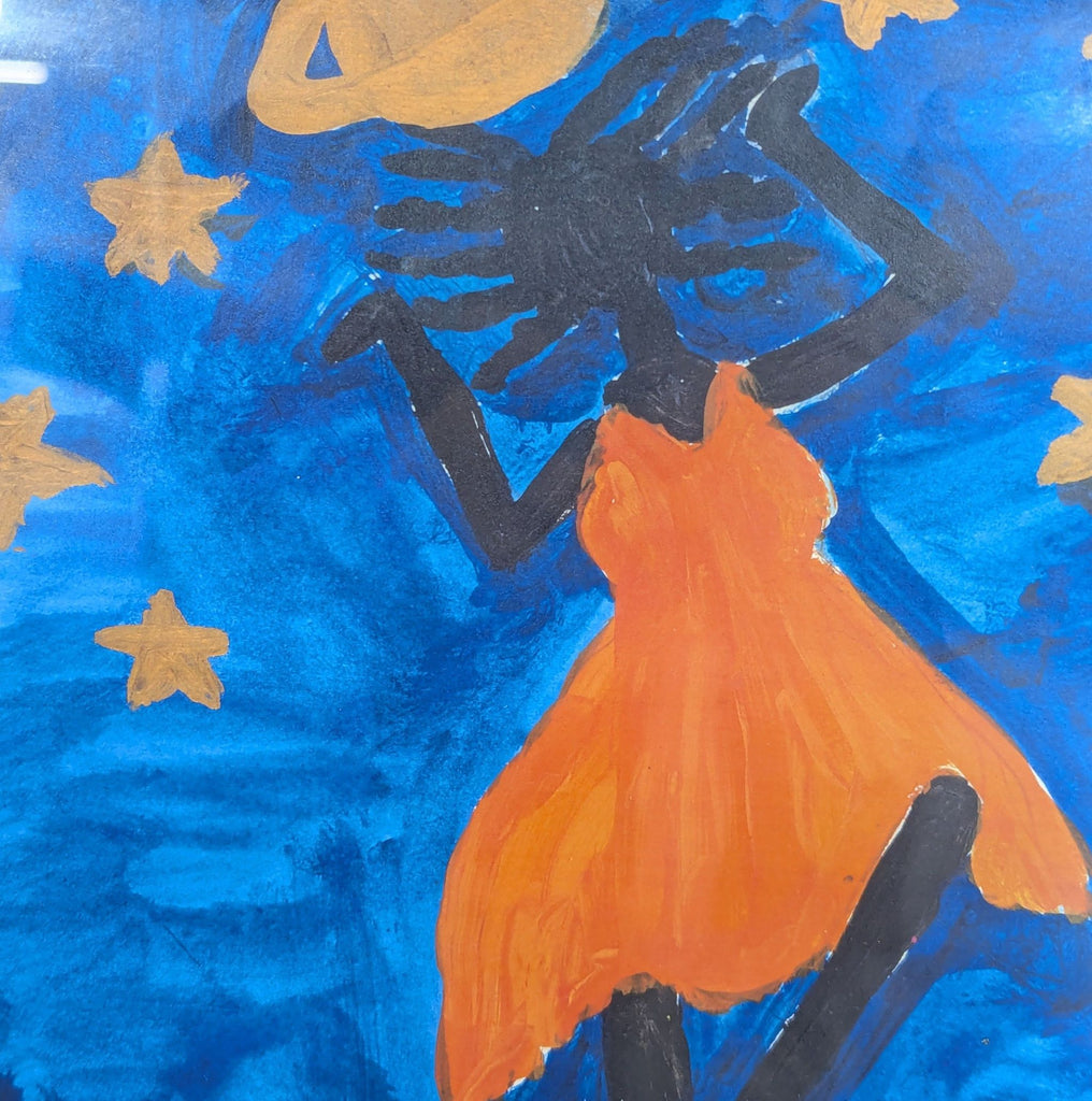 Alma White – Cosmic/Celestial Figure with Stars and Saturn, Signed & Dated 2002

Framed original painting on a deep cobalt blue background. Central subject is a silhouetted dark figure wearing a vivid orange/red flowing cape or garment. Gold 6-pointe