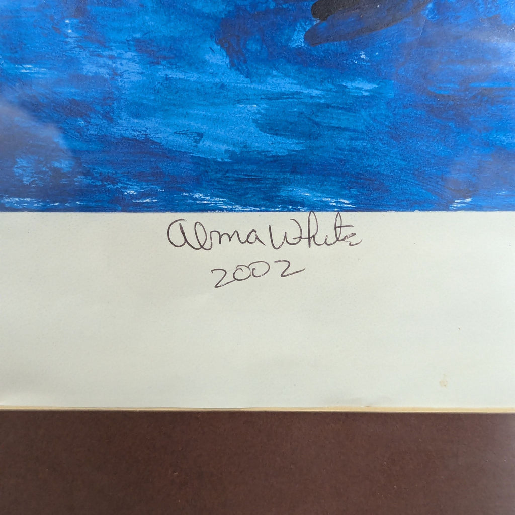 Alma White – Cosmic/Celestial Figure with Stars and Saturn, Signed & Dated 2002

Framed original painting on a deep cobalt blue background. Central subject is a silhouetted dark figure wearing a vivid orange/red flowing cape or garment. Gold 6-pointe