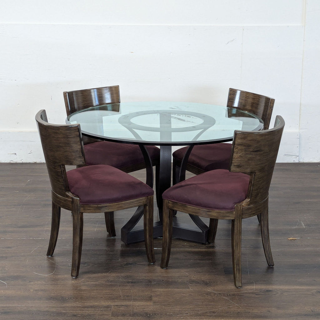 2. Elegant glass-top dining table surrounded by four upholstered chairs.  