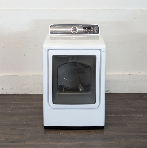 1. Front view of a Samsung washer/dryer unit with a glass door and digital control panel.  