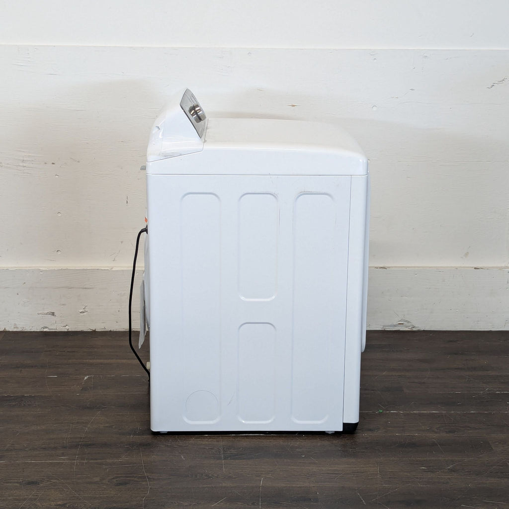 3. Side profile of a Samsung washer/dryer appliance with a visible power cord and control panel.