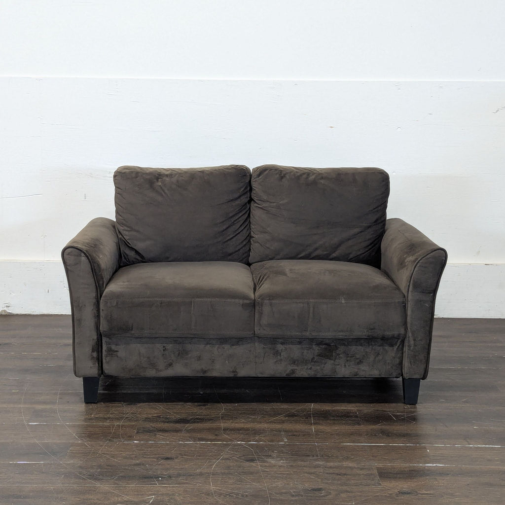 2. Compact two-seater loveseat in soft upholstery, featuring a sleek design perfect for cozy spaces.
