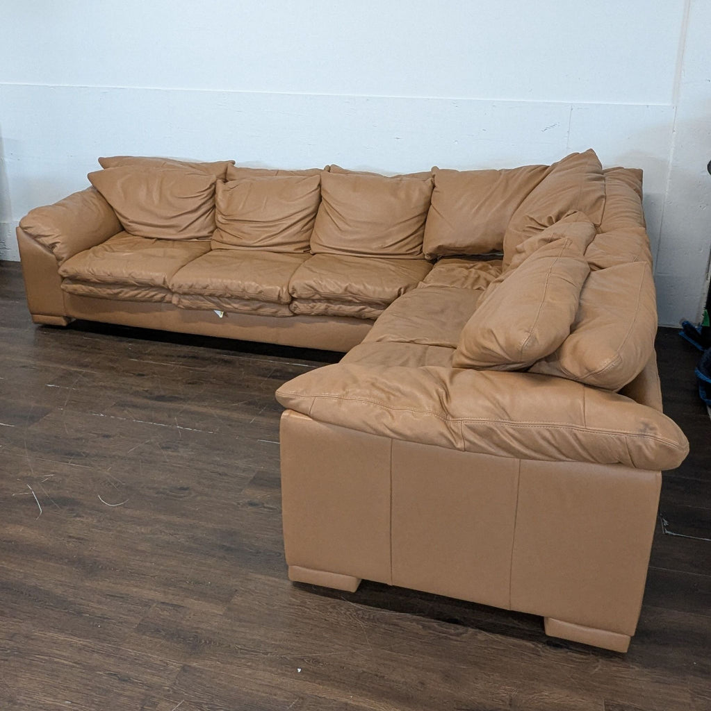 3. Sectional sofa in tan leather with deep cushions and a modern design, positioned on dark wood flooring.