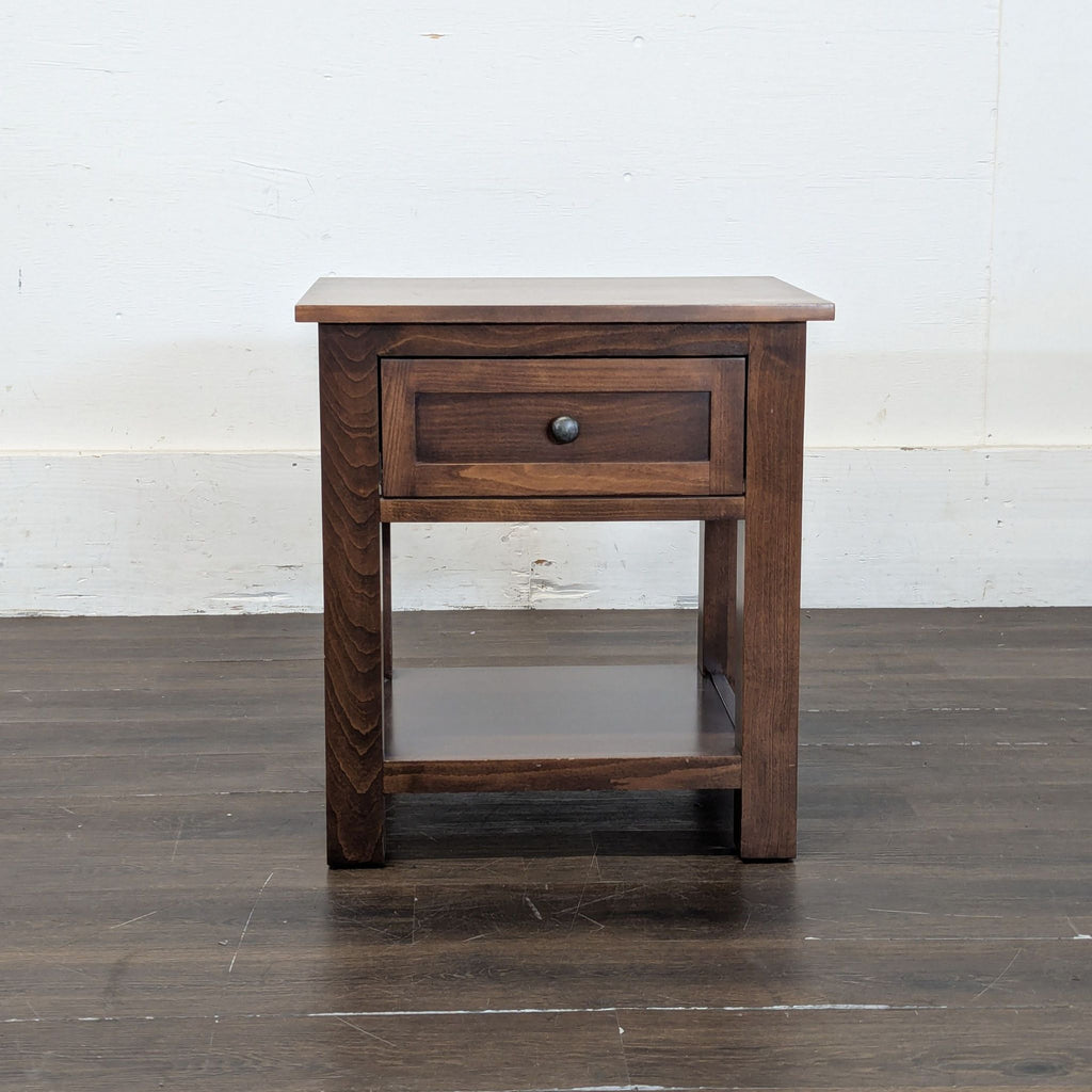 1. Modern wooden end table with a square top and lower shelf for extra storage.