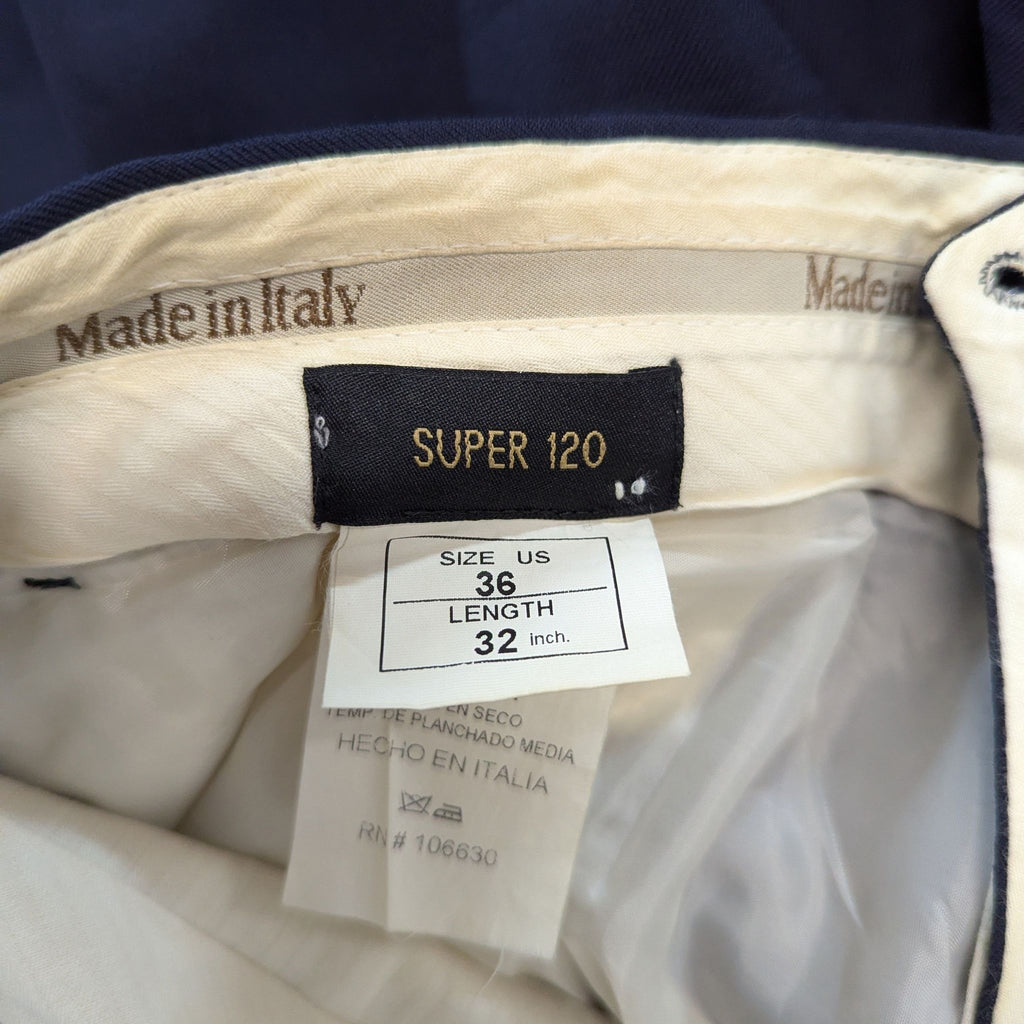 3. Close-up of interior tags on men's dress pants, reading "Made in Italy," "Super 120," size 36, length 32 inches.