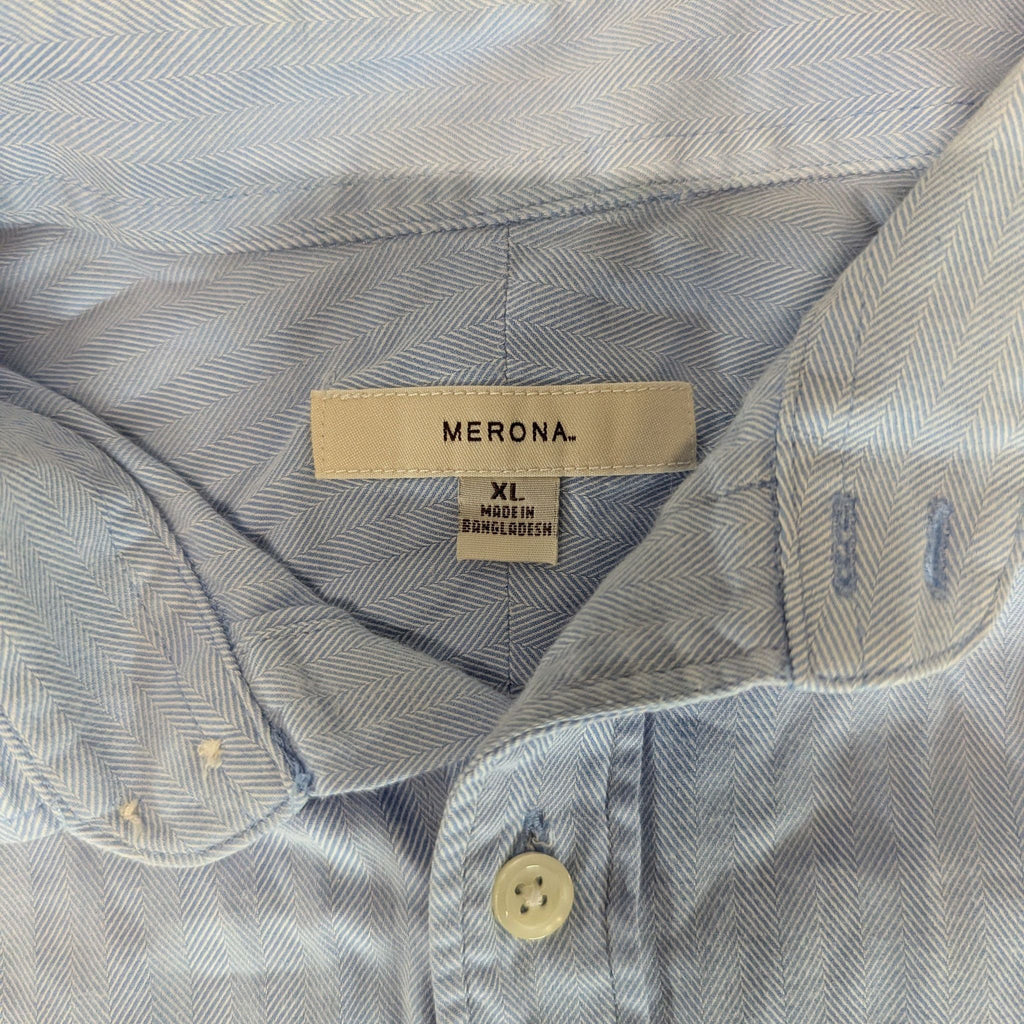 3. Close-up of Merona shirt tag, displaying brand name, size XL, and "Made in Bangladesh" label.