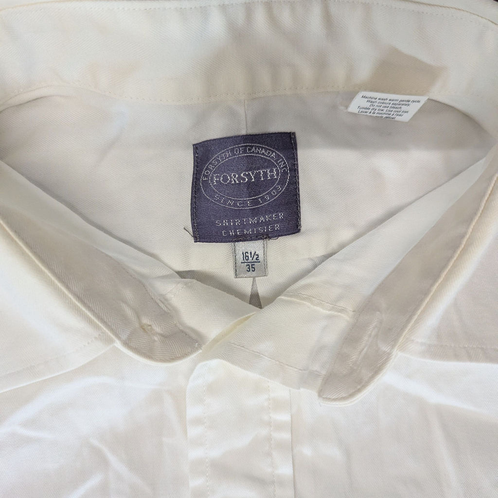 3. Close-up of Forsyth label and collar on a men's white dress shirt, showing size 16 1/2, 35.