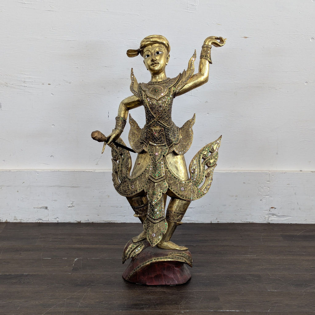 Ornately detailed teak carving, crafted in Baan Tawai, Thailand circa 2005, with visible hand-decorated patterns.