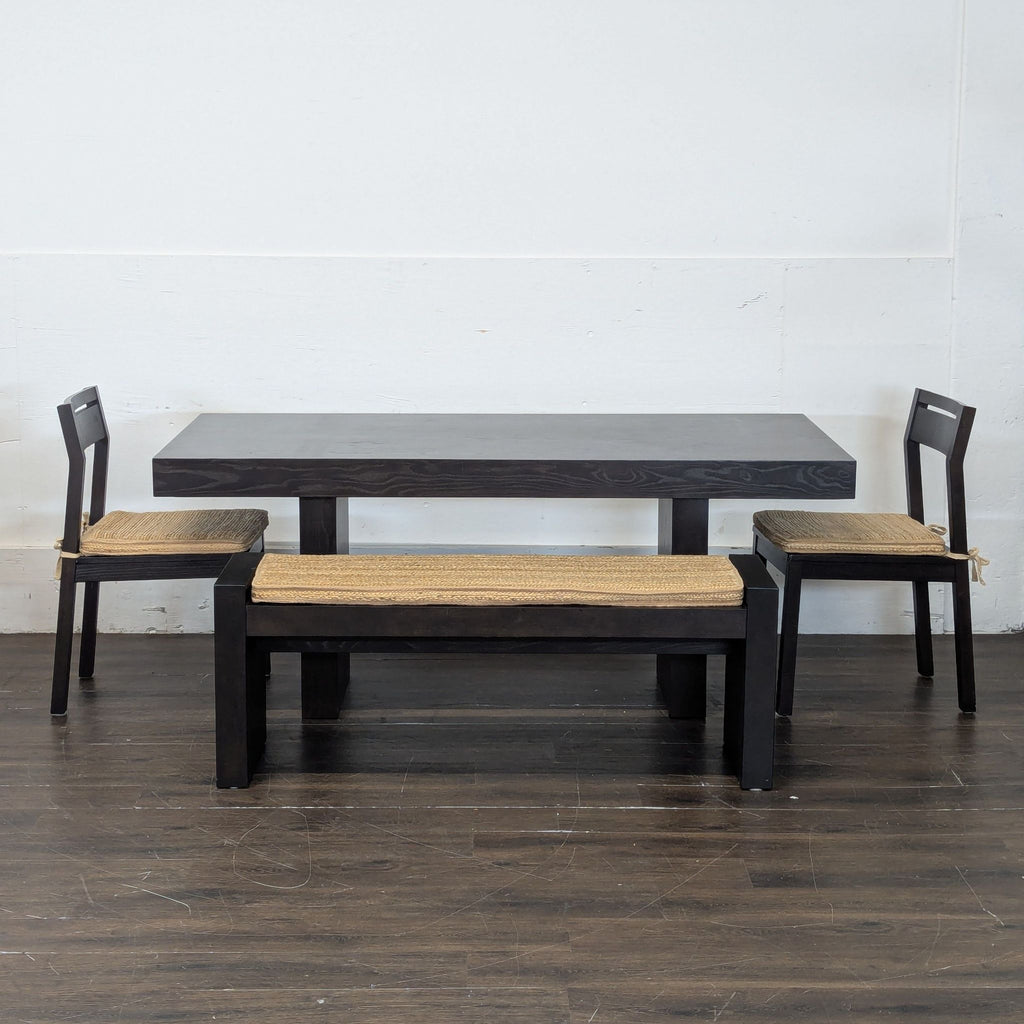 Dining table set with two chairs and a bench from west elm. Some wear on cushions.