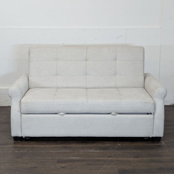 1. Lifestyle Solutions light gray sleeper sofa with tufted upholstery, viewed from the front on wood flooring.