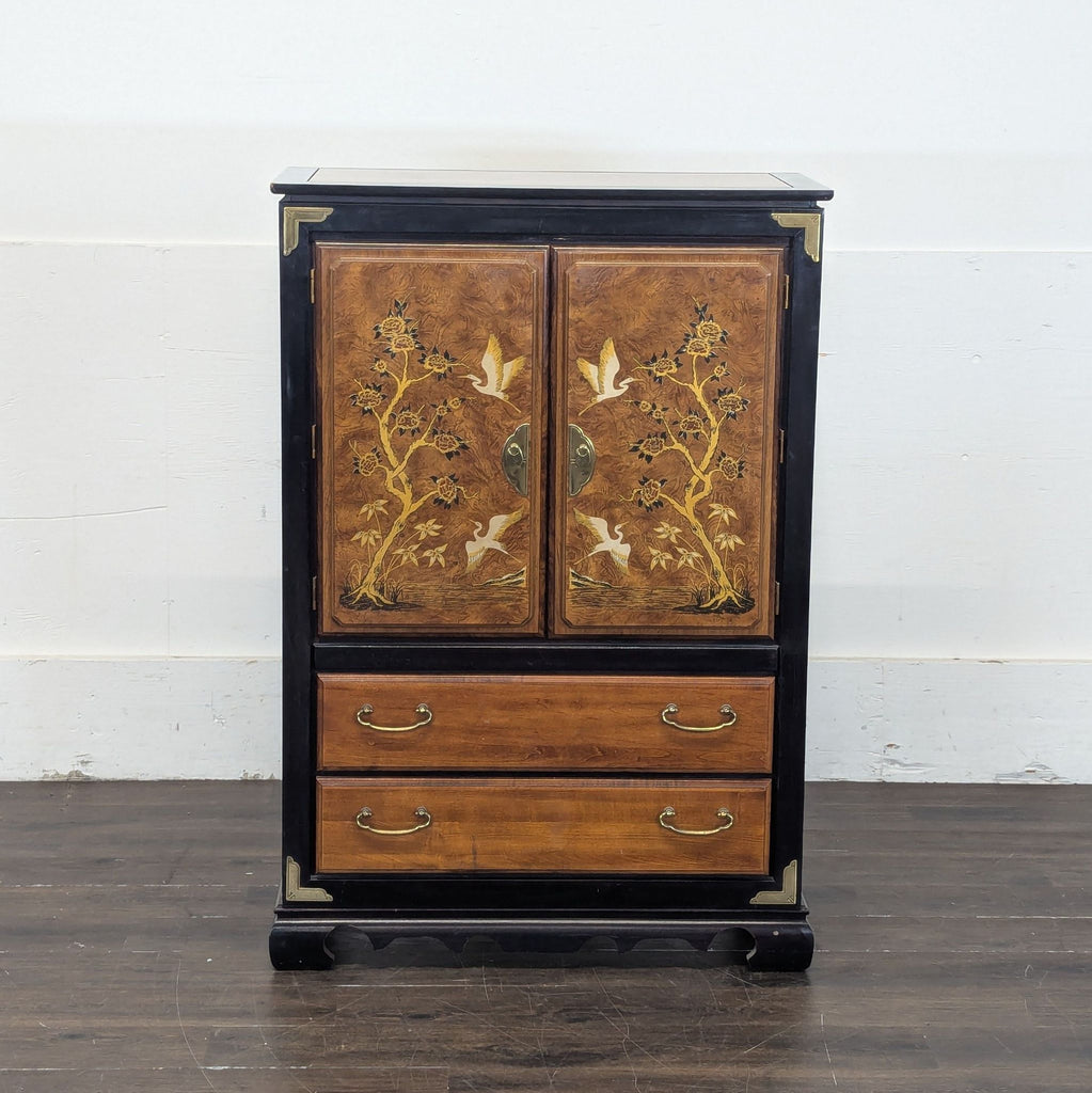 2. Decorative hutch with ornate bird and tree carvings on doors, lower drawers, and gold accent hardware. Hutch & Armoire.