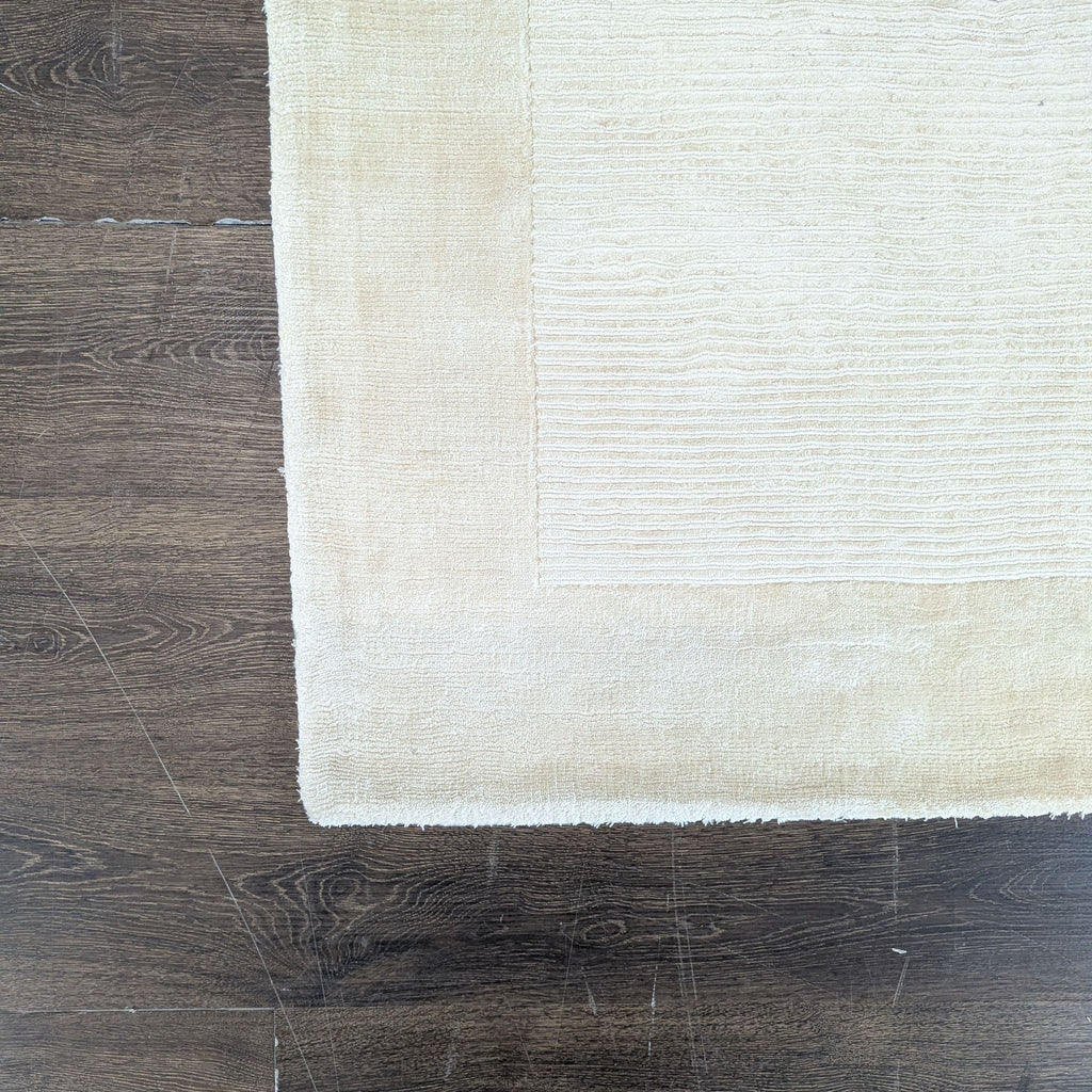 3. Close-up of a West Elm beige rug, highlighting its textured pattern and border on a wood floor.