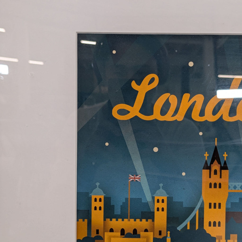 3. Close-up of the London print's corner, highlighting the stylized "London" text and city silhouette.