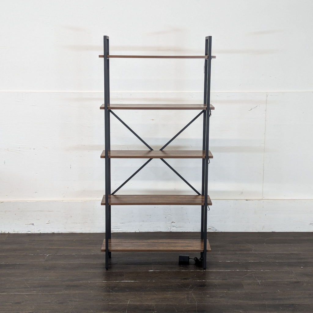 2. Simple five-tier bookshelf with wooden shelves and a black metal frame, placed against a plain indoor wall.