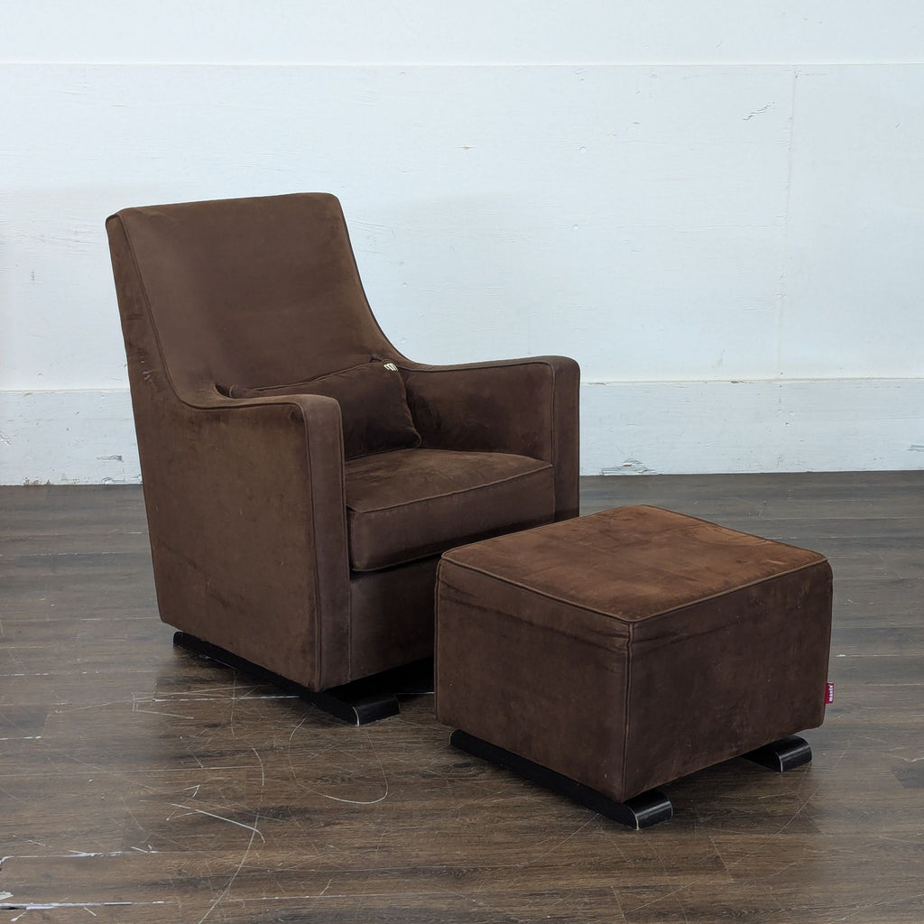 Monte brand brown lounge chair with ottoman, featuring simple lines and plush upholstery, side angle view.