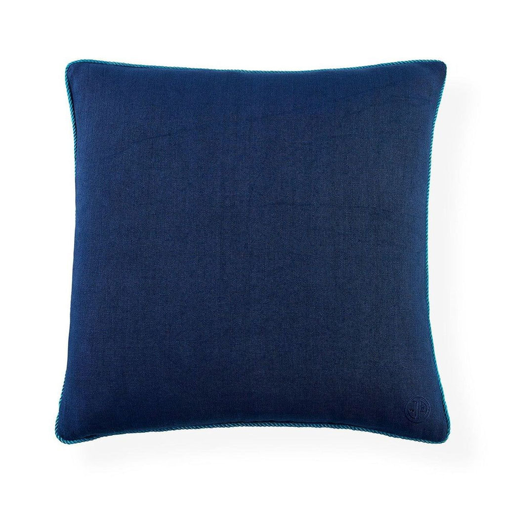 2. Plain navy blue Reperch pillow back with subtle textured finish and matching blue piping around edges.