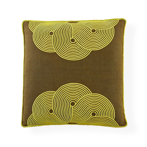 Square pillow with brown fabric, featuring intricate yellow 70s-inspired corded patterns and raised stitching.