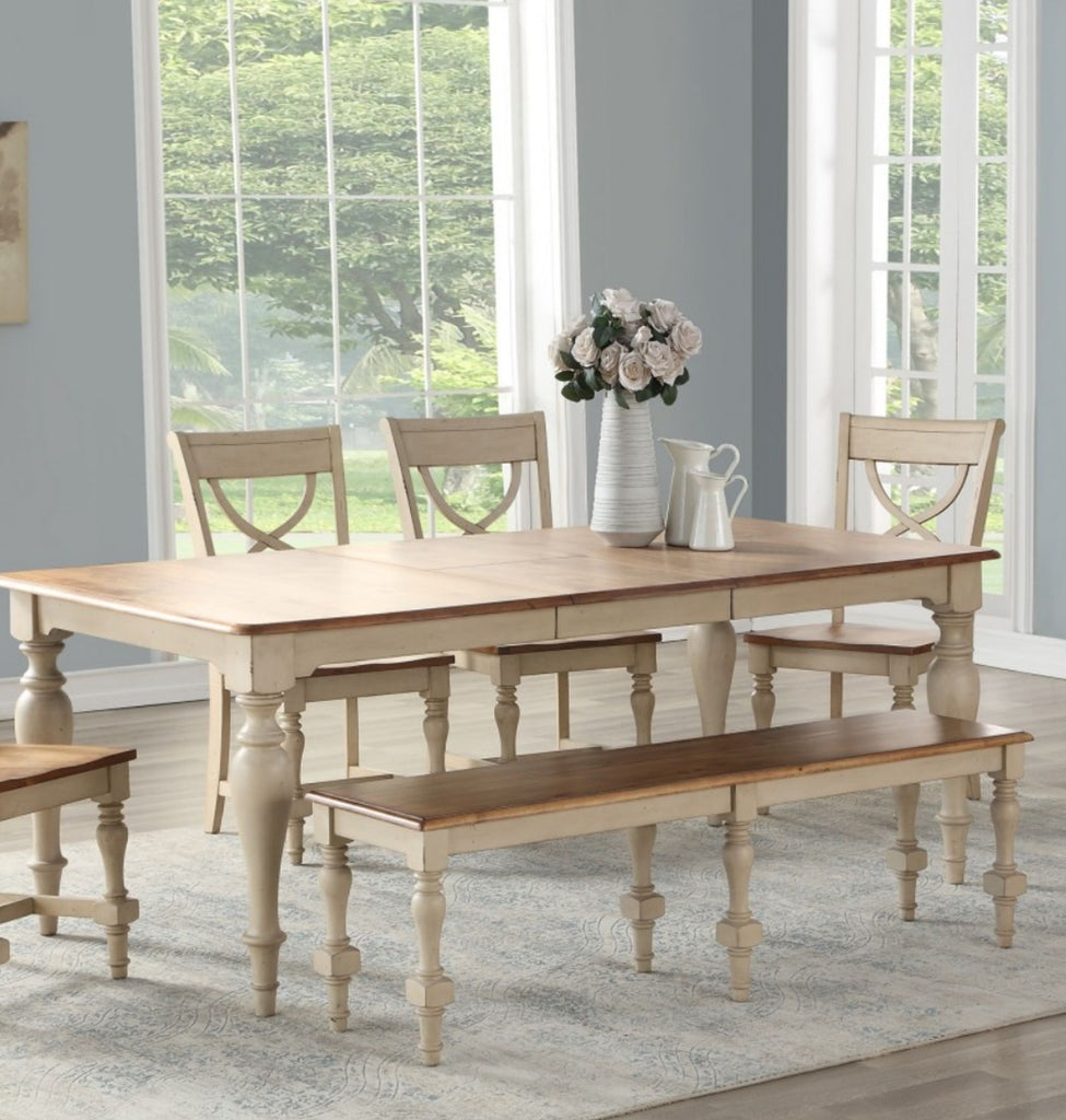 Devonshire Farmhouse dining table by Winners Only, solid wood, honey and white two-tone, new in box.