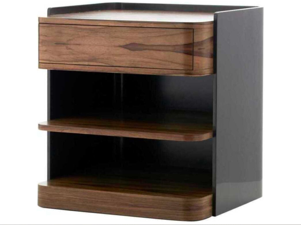 3. Angled view of Reperch side & console table, highlighting its black frame and wood surfaces.