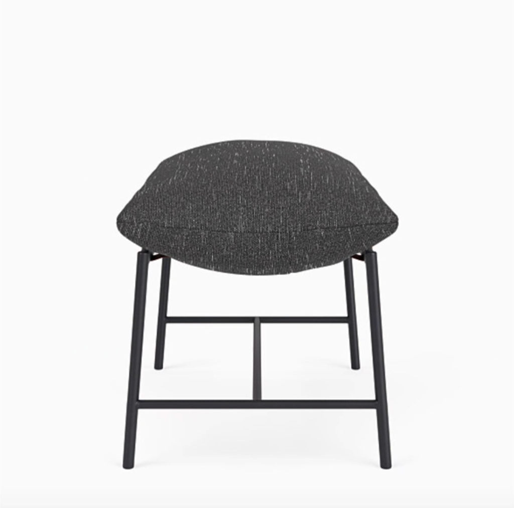 1. Onyx linen-upholstered bench with leather straps and steel frame from Denver Modern, shown in a modern setting.