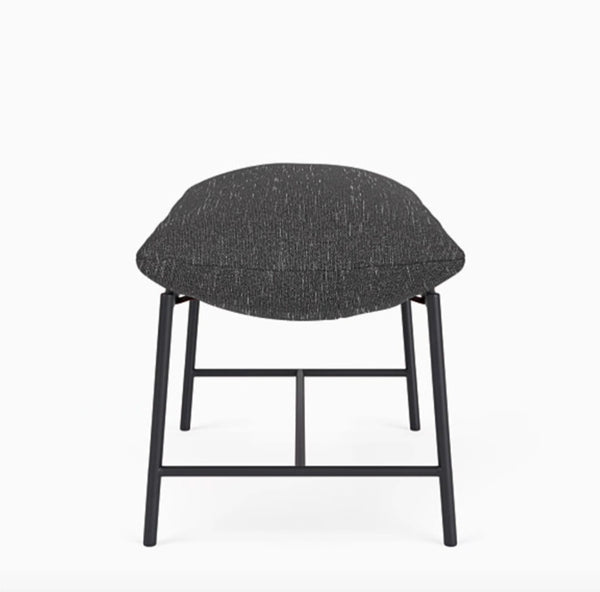 1. Onyx linen-upholstered bench with leather straps and steel frame from Denver Modern, shown in a modern setting.