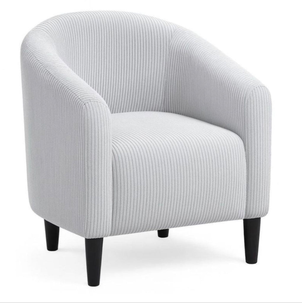 Light gray Yaheetech lounge chair with barrel design and black legs, ideal for modern living areas.