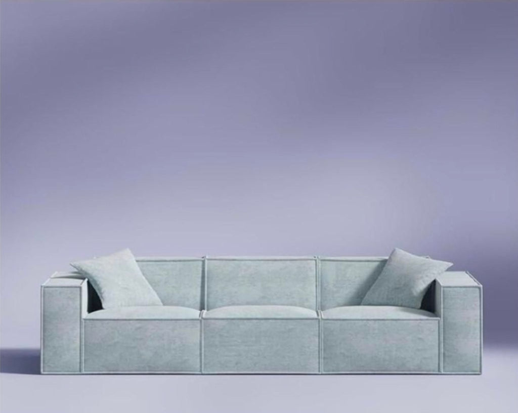 Modern Hydrogen Blue 3-seat sofa by Rove Lab, featuring clean lines and two matching pillows.