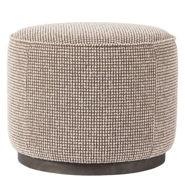 Wide taupe upholstered bench with solid dark wood legs designed by Four Hands, featuring retro style.  