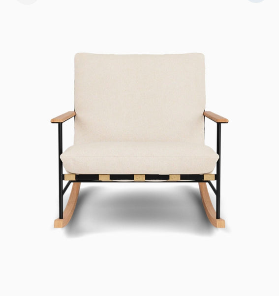 1. Front view of the Denver Modern Indoor Vail Rocker with oat fleece, black frame, and wooden armrests.