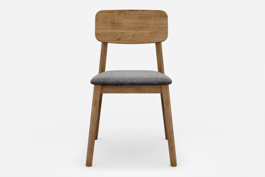 2. Front view of a Reperch dining chair showing a wooden backrest and gray upholstered seat.  