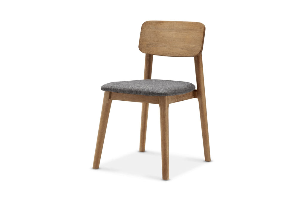 1. Reperch dining chair with wooden frame, gray cushioned seat, and simple modern design, angled view.  