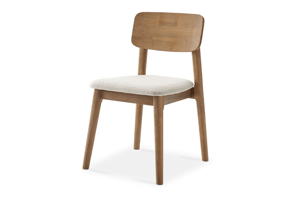 1. Reperch dining chair with a wooden frame, curved backrest, and light cushioned seat, angled front view.