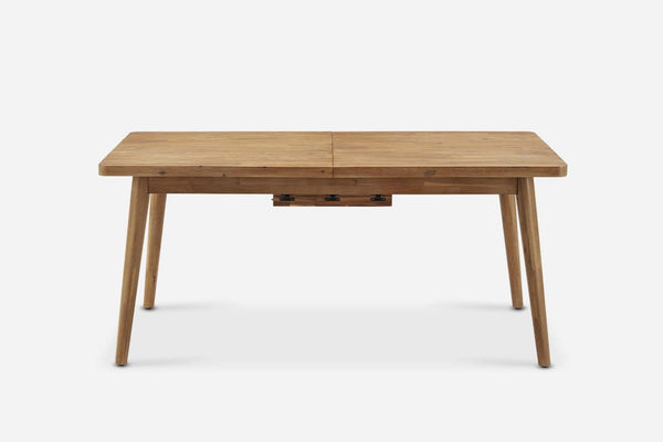 1. Front view of a rectangular wooden Reperch dining table with four angled legs and a smooth finish.