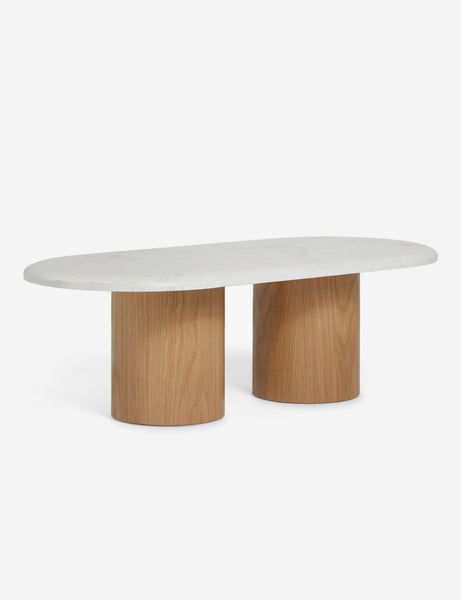 Reperch coffee table with oval marble top and dual wooden cylindrical bases.
