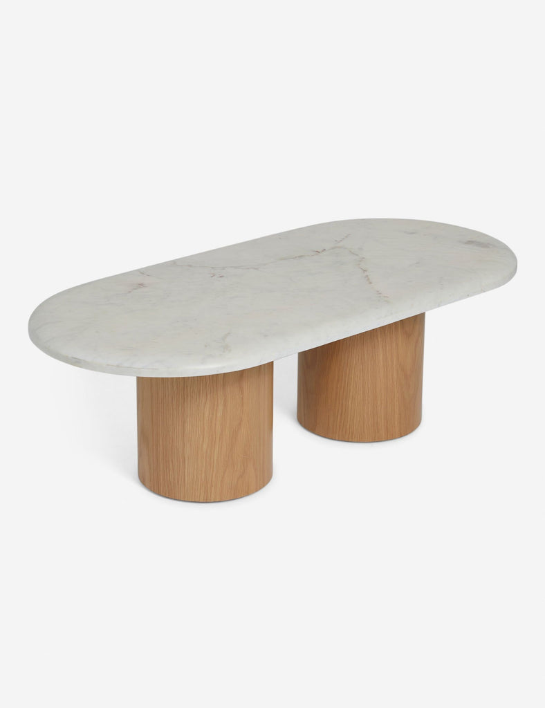 Stylish Reperch coffee table; marble top, wood bases, modern design, coffee table.