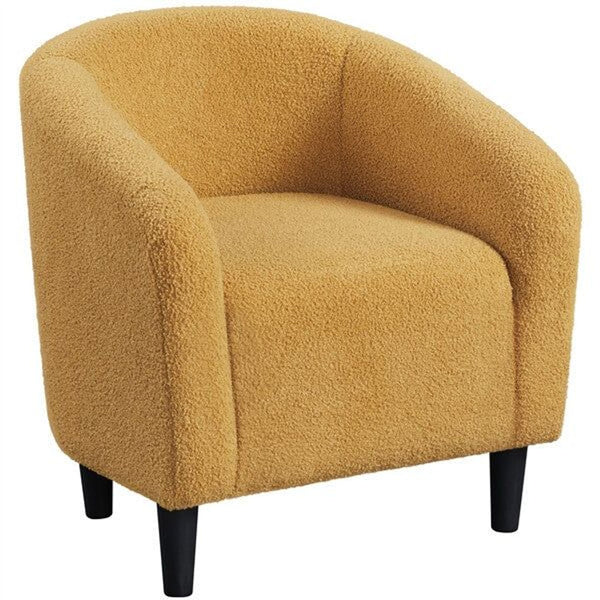Modern mustard yellow tub chair with soft upholstery and black legs, new in box, by Yaheetech Lounge.  
