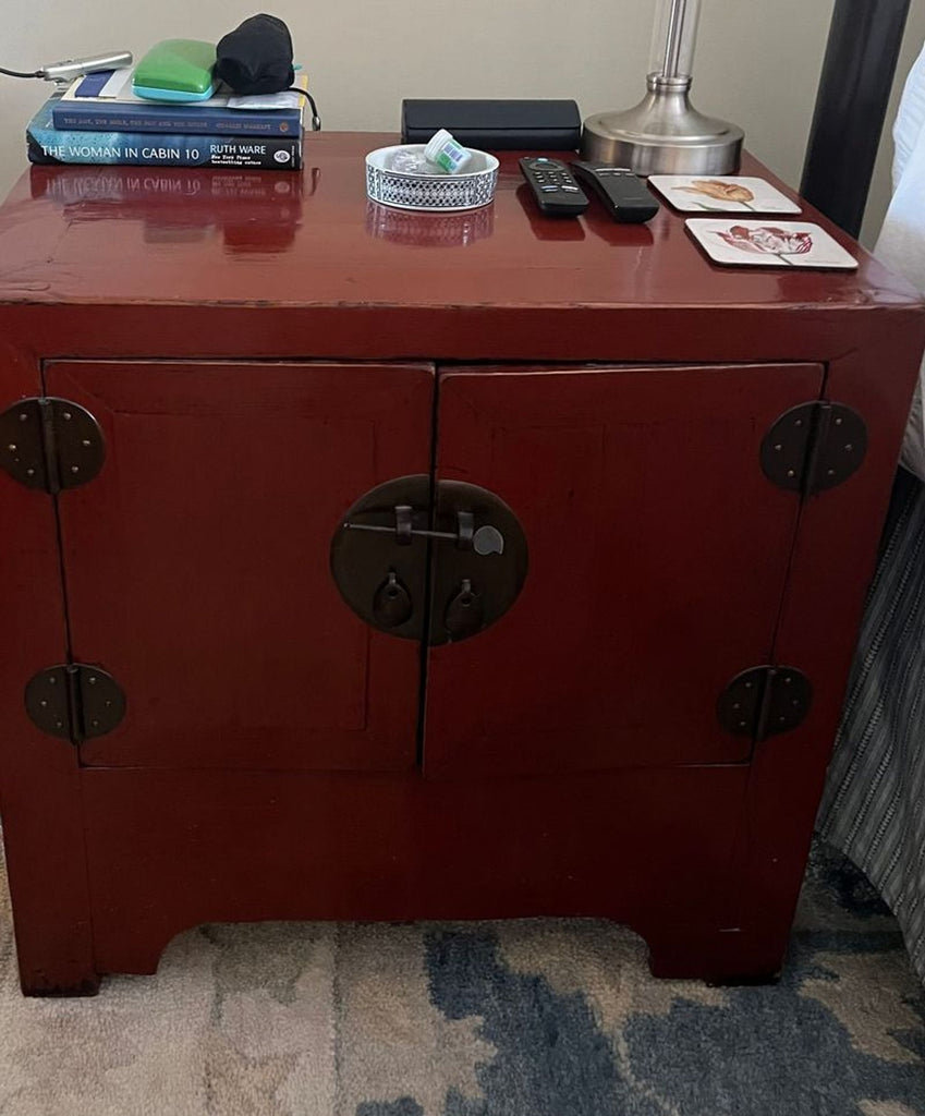 2. Contemporary Red lacquer nightstand-1 end table featuring glossy finish and single storage drawer.  