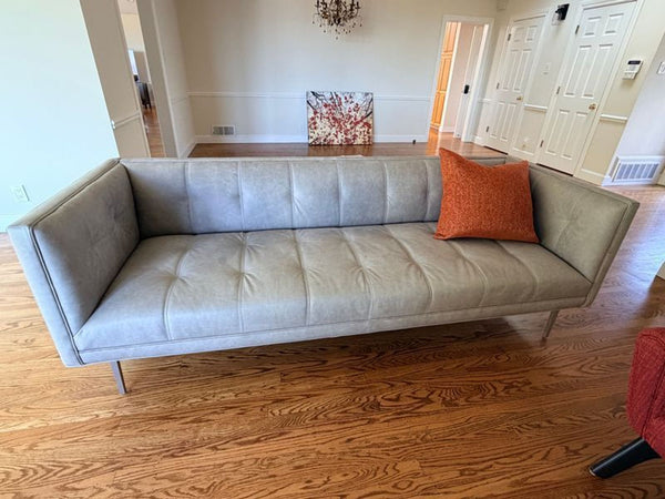 1. Modern grey leather 3-seat couch with clean lines from Room & Board Wynwood collection.  