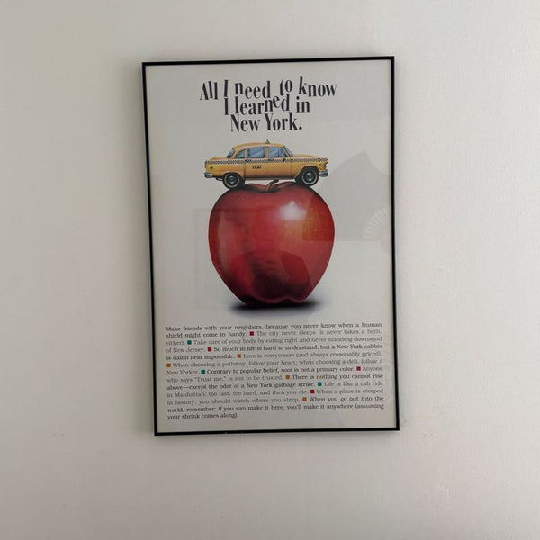1. Framed print featuring a New York City taxi on a red apple, with the text "All I need to know I learned in New York."